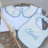 Perfect Little Thing Boys White & Blue Handmade Sleepsuit And Bib