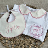 Girls White and Pink Horse Sleepsuit And Bib