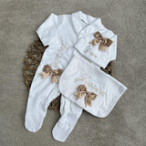 Perfect Little Thing Girls Bow Personalised Sleepsuit Set - Beige