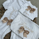 Perfect Little Thing Girls Bow Personalised Sleepsuit Set - Beige