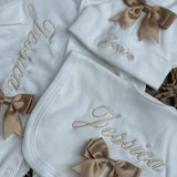 Perfect Little Thing Girls Bow Personalised Sleepsuit Set - Beige