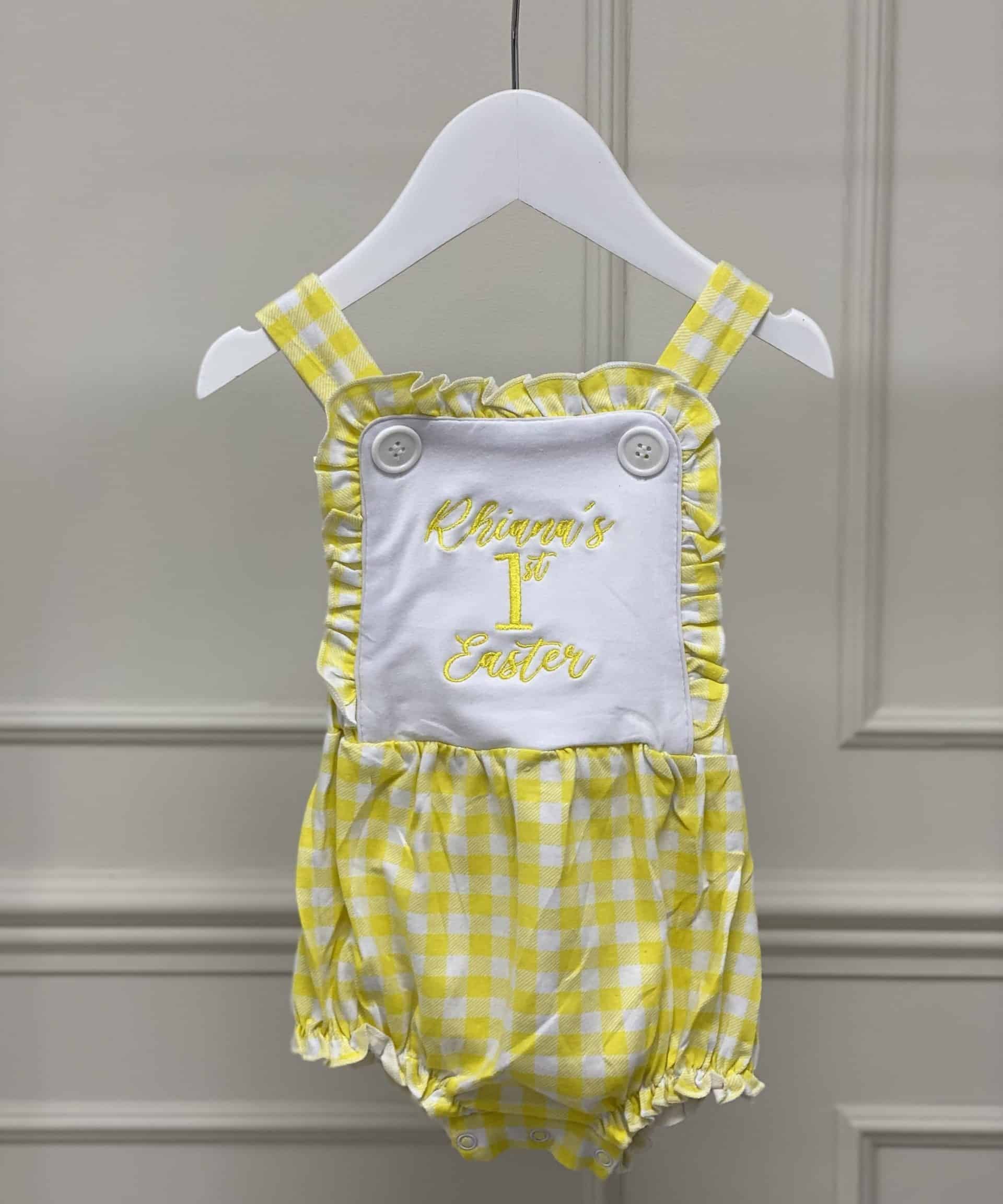 Girls Cotton Lemon Gingham Romper With Frills