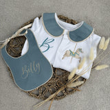 Boys Jade Blue Horse Handmade Sleepsuit And Bib