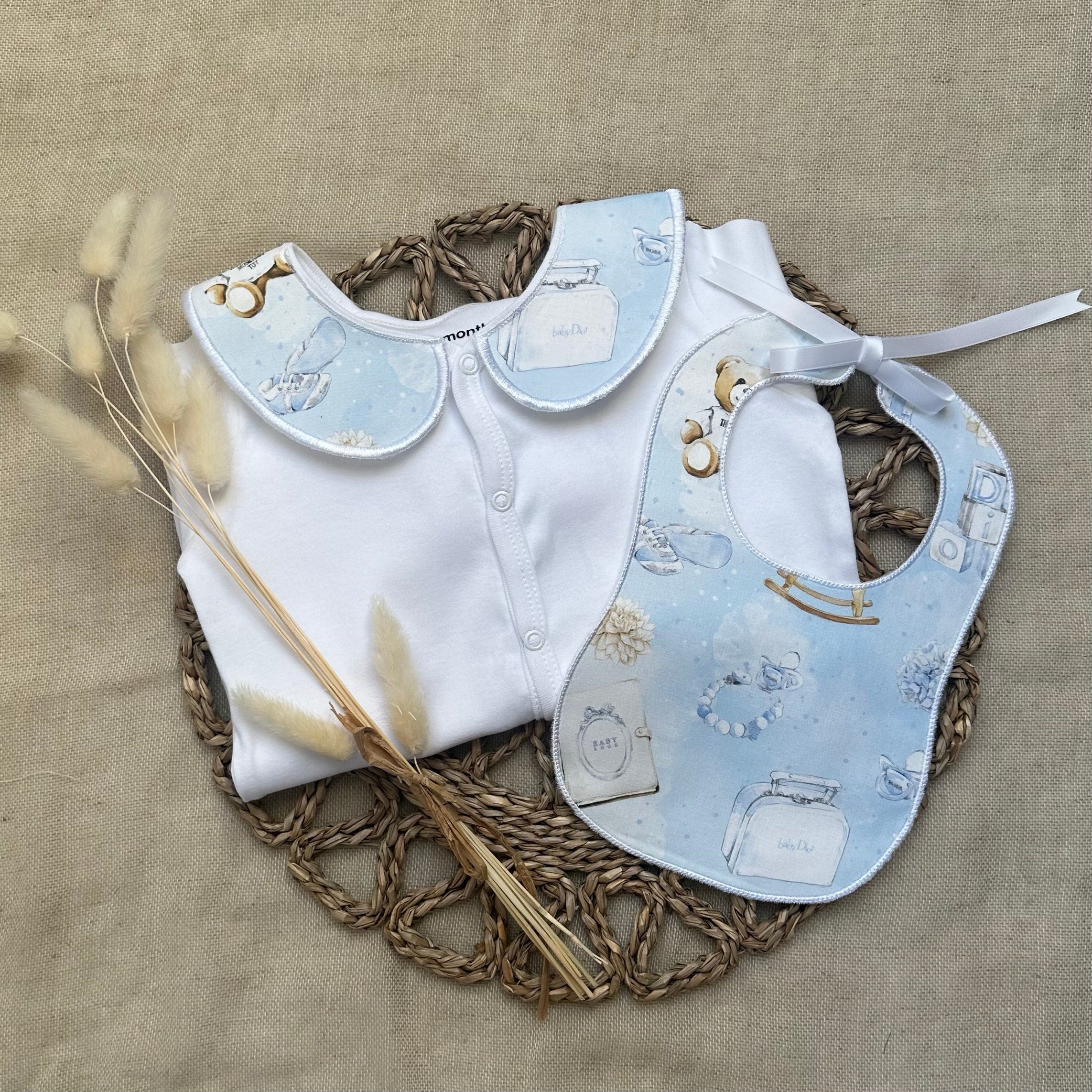 Perfect Little Thing Boys Blue Dior Handmade Sleepsuit And Bib