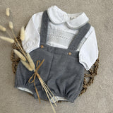 Boys Smocked Long Sleeved Shirt and Grey Dungarees