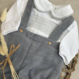 Boys Smocked Long Sleeved Shirt and Grey Dungarees