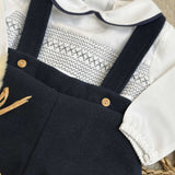 Boys Smocked Long Sleeved Shirt and Navy Blue Dungarees