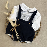 Boys Smocked Long Sleeved Shirt and Navy Blue Dungarees