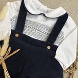 Boys Smocked Long Sleeved Shirt and Navy Blue Dungarees