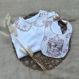 Perfect Little Thing Girls Beige Carousel Handmade Sleepsuit And Bib