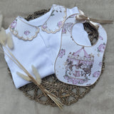 Perfect Little Thing Girls Beige Carousel Handmade Sleepsuit And Bib