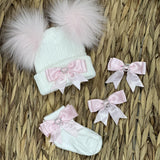 Perfect Little Thing White Hat, Socks & Bow Clip Set - Pink