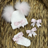 Perfect Little Thing White Hat, Socks & Bow Clip Set - Pink