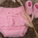 Perfect Little Thing -  Hand Made Aran Frill Knickers and Booties Crochet - Pink