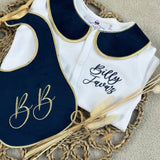 Boys Navy and Gold Handmade Sleepsuit And Bib