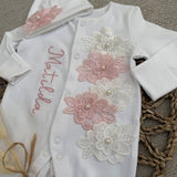 Baby Girls White and Pink Flower Baby Grow With Hat