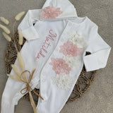 Baby Girls White and Pink Flower Baby Grow With Hat