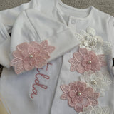 Baby Girls White and Pink Flower Baby Grow With Hat