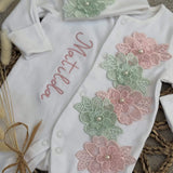 Baby Girls Mint and Pink Flower Baby Grow With Hat