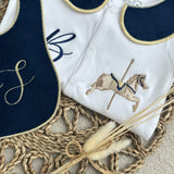 Boys Gold Horse Handmade Sleepsuit And Bib