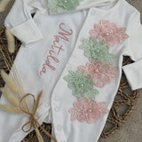 Baby Girls Mint and Pink Flower Baby Grow With Hat