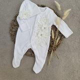 Baby Girls White Pearl Flower Baby Grow and Hat