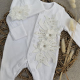 Baby Girls White Pearl Flower Baby Grow and Hat