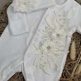 Baby Girls White Pearl Flower Baby Grow and Hat