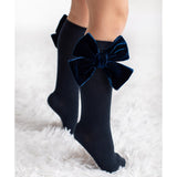 Meia Pata Knee Socks With Open Velvet Bow - Navy Blue