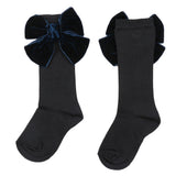 Meia Pata Knee Socks With Open Velvet Bow - Navy Blue