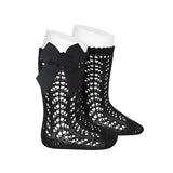Condor Girls Perle Openwork Knee Sock With Bow - Black