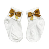 Soft Touch Girls White Diamante Heart Ankle Socks - Gold