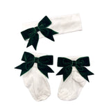 Soft Touch Girls White Ankle Socks & Headband Set - Christmas Green Velvet