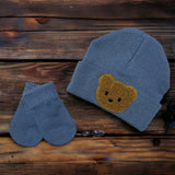 Little Brown Bear Baby Bear Beanie Hat & Mittens- Blue