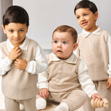 Caramelo Kids Boys Beige Knitted Zip Neck Polo Set
