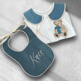 Boys Jade Blue Bear Handmade Sleepsuit And Bib