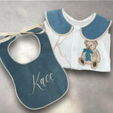 Boys Jade Blue Bear Handmade Sleepsuit And Bib
