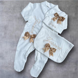 Perfect Little Thing Girls Bow Personalised Sleepsuit Set - Beige