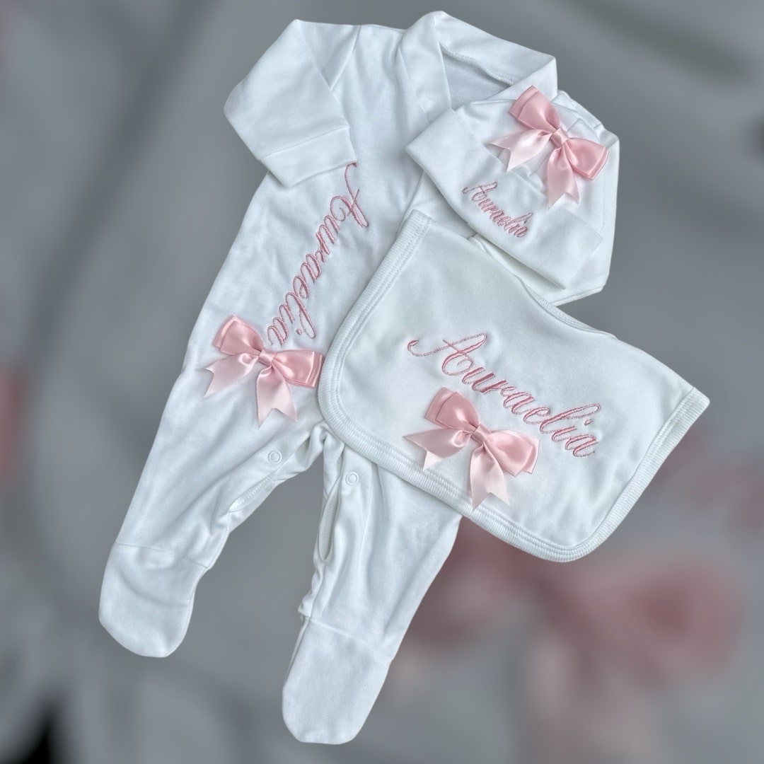 Perfect Little Thing Girls Bow Personalised Sleepsuit Set Pink
