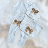 Perfect Little Thing Girls Bow Personalised Sleepsuit Set - Beige