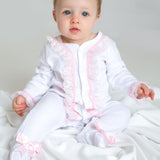 Perfect Little Thing Baby Girls Handmade Frill Sleepsuit With Bib - Pink