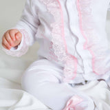 Perfect Little Thing Baby Girls Handmade Frill Sleepsuit With Bib - Pink