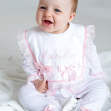 Perfect Little Thing Baby Girls Handmade Frill Sleepsuit With Bib - Pink