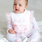 Perfect Little Thing Baby Girls Handmade Frill Sleepsuit With Bib - Pink