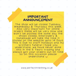 PLEASE READ 📣

Emails will be slow and orders! The company is fully closed Tuesday Wednesday Thursday. Please bare with us this week, next week will be back to business. 

NO ORDERS WILL BE SENT OUT THEM 3 DAYS. 

I will try my best to get all orders sent out today from the weekend and all next day deliveries. Please remember all personalised and handmade items are on a 14 day turnaround as stated online. 

Thanks for your understanding 

Adele x